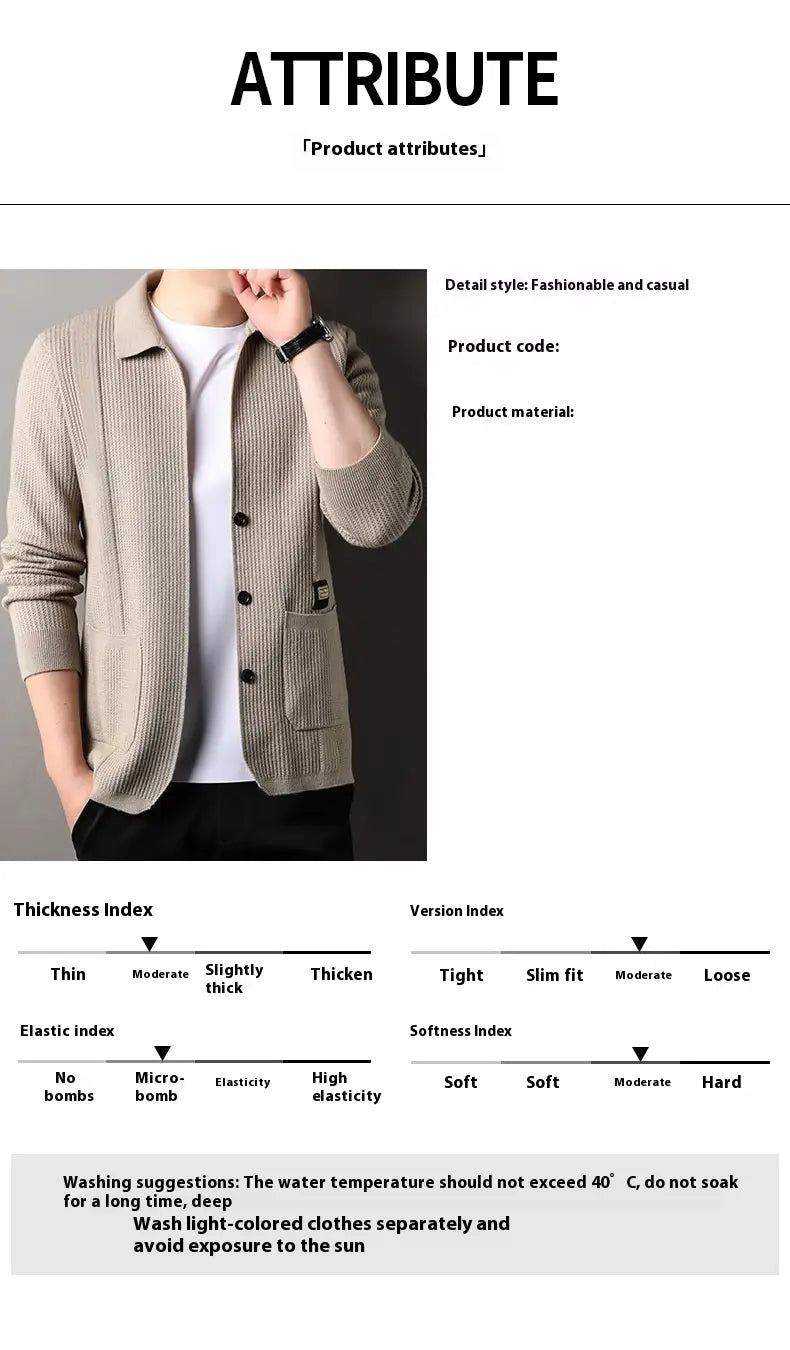 Ein beiger, schmal geschnittener Herren-Rippstrick-Cardigan-Mantel mit Knopfverschluss.