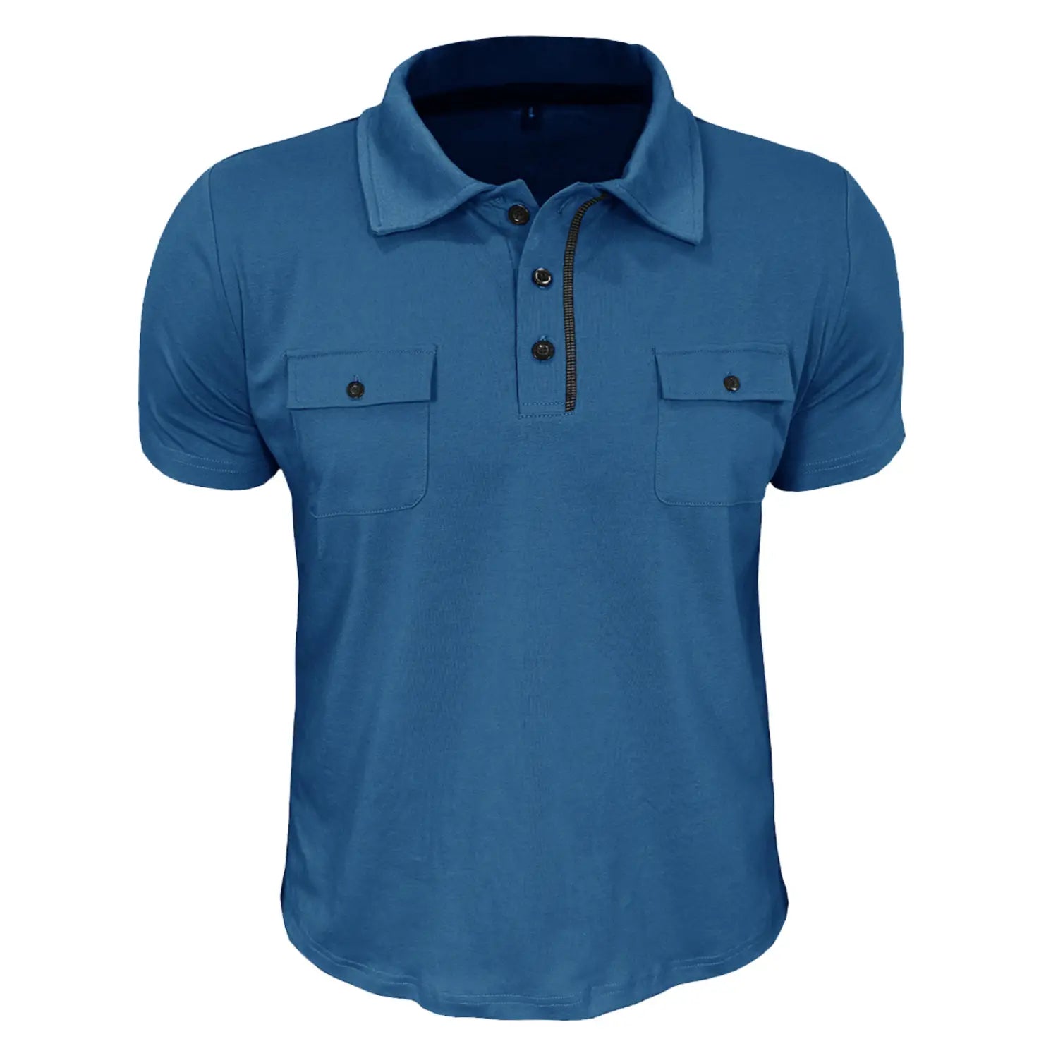 Men’s blue short-sleeved cotton blend polo shirt with collar, two chest pockets, and dark buttons.