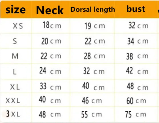Tabla de tallas para suéter de perro tejido tipo ochos de lana cálida, ropa para mascotas, que muestra medidas de cuello, longitud dorsal y contorno de pecho en centímetros de XS a 3XL.