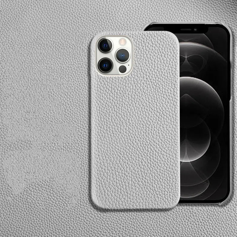 Light gray textured genuine leather anti drop phone case for iPhone 12 Pro shown from the back side.