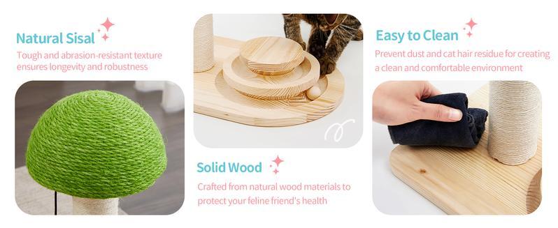 Green natural sisal mushroom cat scratching post with ball track and solid wood base for durable pet use.
