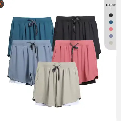 five pairs of men’s 2-in-1 breathable quick dry athletic training shorts in assorted solid colors with drawstring waistbands and side pockets