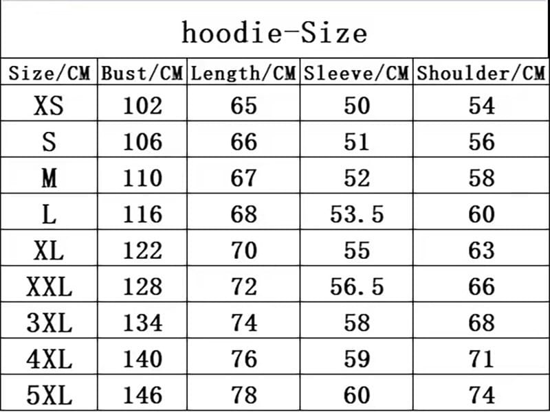 Tableau des tailles du sweat à capuche indiquant des mesures en centimètres pour les tailles xs à 5xl du sweat à capuche surdimensionné graphique représentant le renne de fête en forme de teckel.