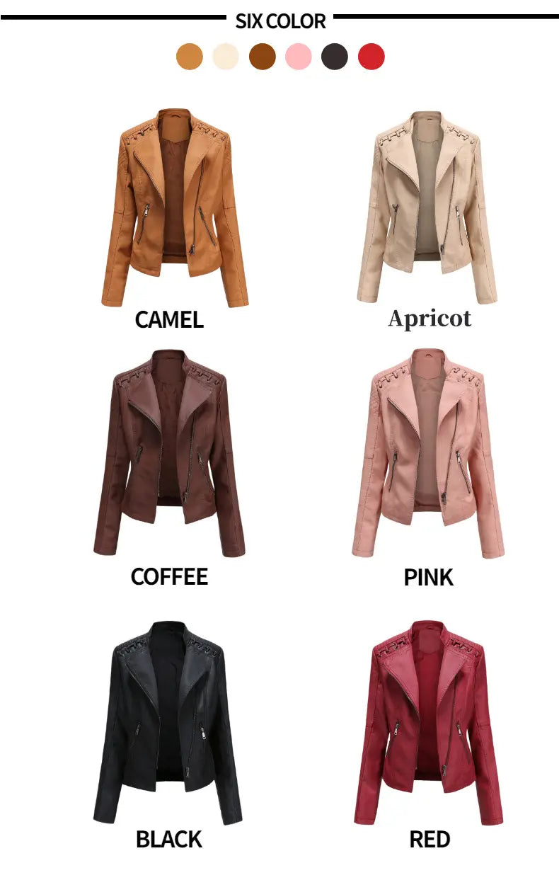 Eine stilvolle Damen-Faux-Leder-Motorradjacke im Slim Fit in den Farben Camel, Aprikose, Kaffee, Pink, Schwarz und Rot.