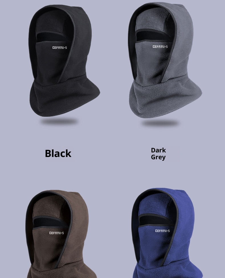 Fleece balaclava winter hat scarf set featuring black dark grey brown and blue fleece balaclavas with a hooded design for cold weather protection.
