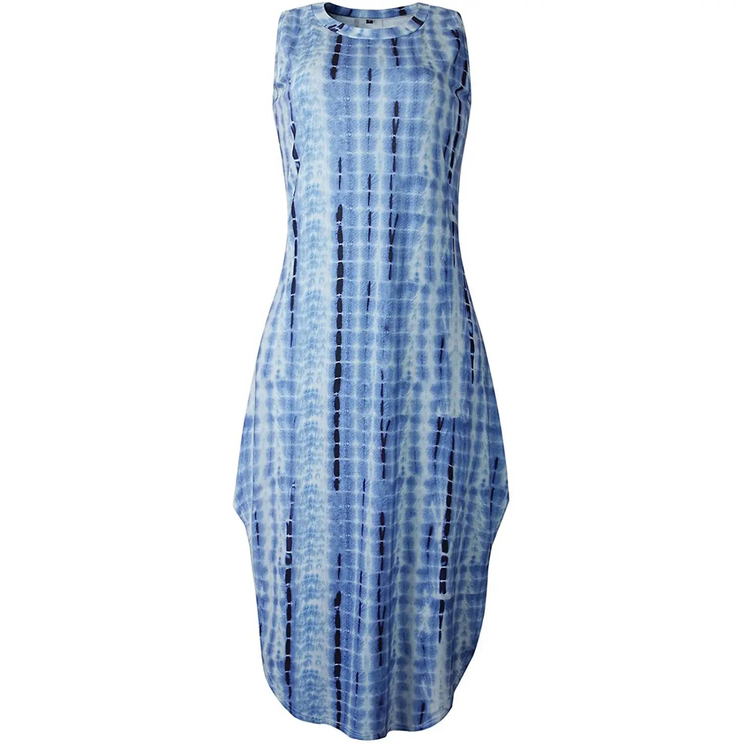 A sleeveless knee-length dress in blue tie-dye pattern with vertical streaks featuring an irregular hem suitable for tropical wear.