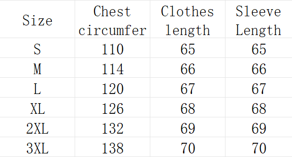 La tabla muestra mediciones de talla para una chaqueta de invierno acolchada con capucha y forro acolchado, incluida la circunferencia del pecho, la longitud de la prenda y la longitud de las mangas, para las tallas S hasta 3XL.