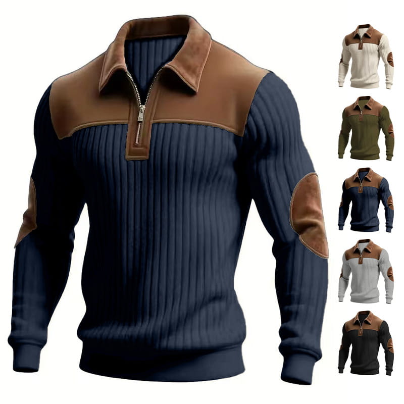Men’s navy blue ribbed knit sweater with brown leather-like shoulder and elbow patches and a half-zip collar.