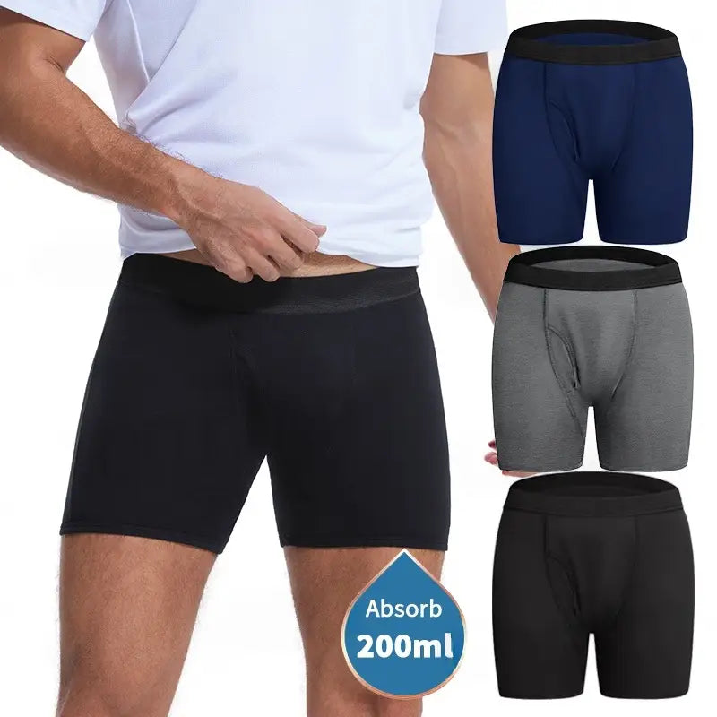 Caleçons moulants athlétiques noirs pour incontinence masculine à absorbance, avec coupe ajustée et taille élastique, montrés en noir ainsi qu’avec des options bleu marine et grise conçues pour la protection contre l’incontinence.