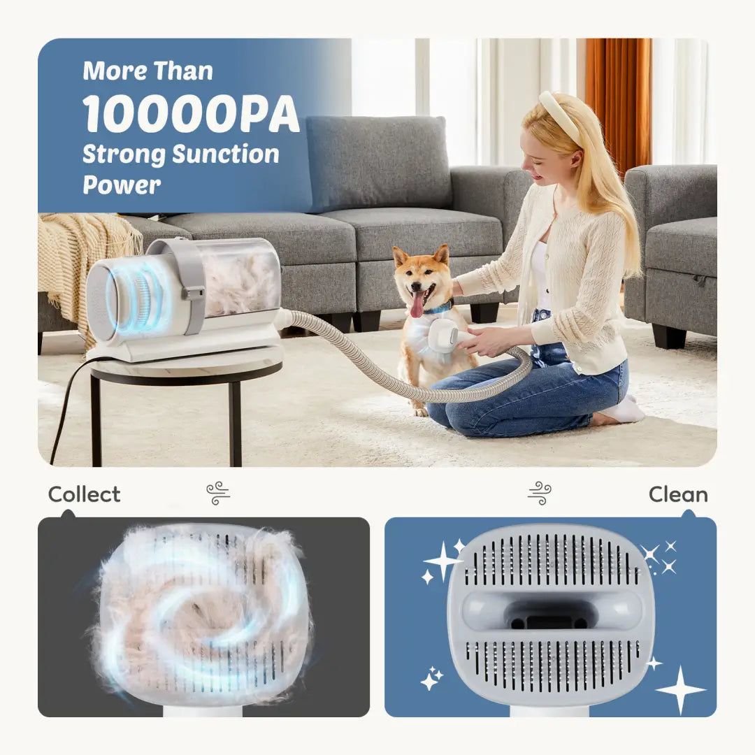 White and gray pet grooming vacuum clippers 2.5l kit with a flexible hose designed for efficient hair collection and cleaning.