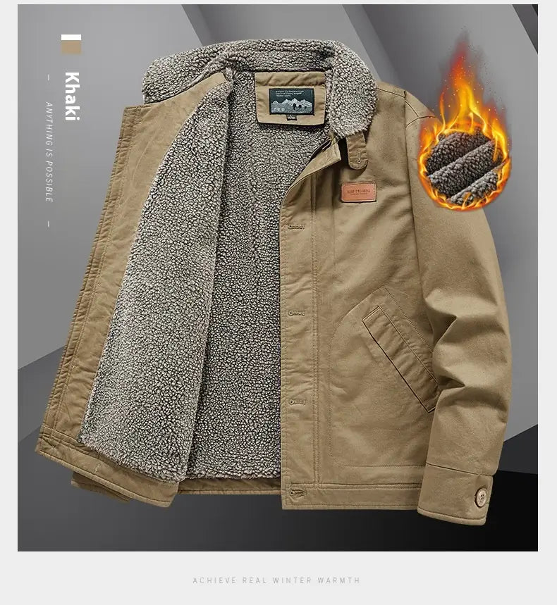 Mens fleece lined winter cotton jacket in khaki with fleece lining and plush sherpa interior featuring a classic button-up design.