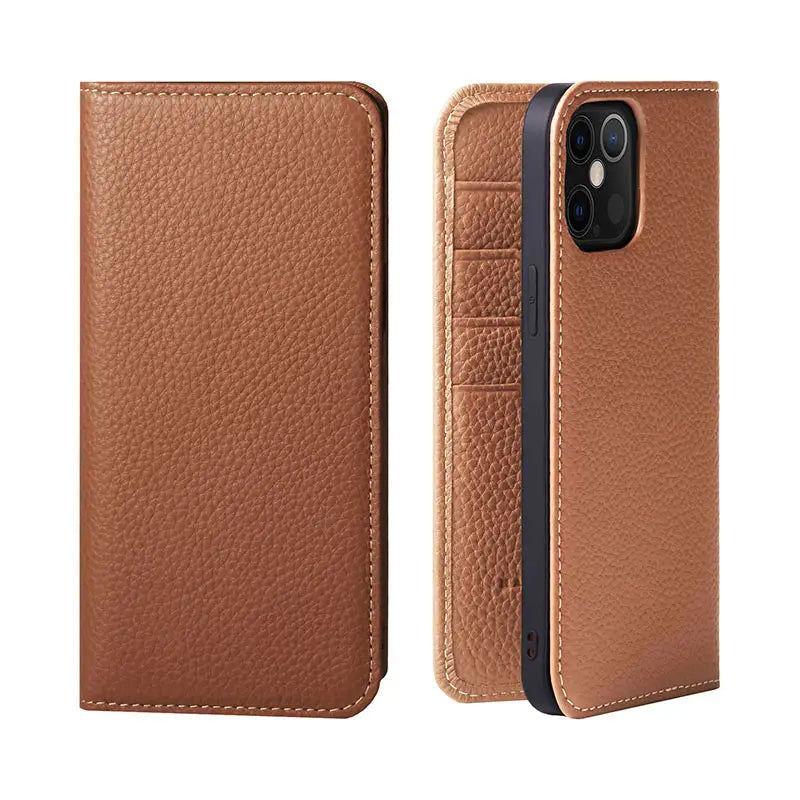 Tan leather wallet case for iPhone 16 15 14 13 12 11 with textured surface and stitched edges shown from the back side.