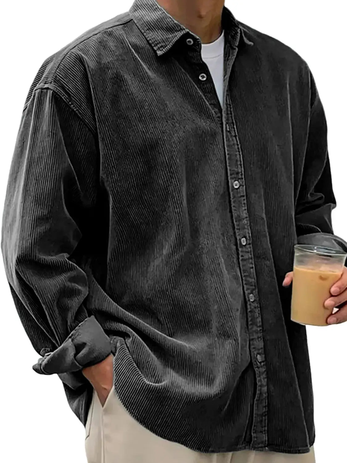 Men’s relaxed fit dark gray corduroy shirt jacket with button-up front and rolled cuffs.