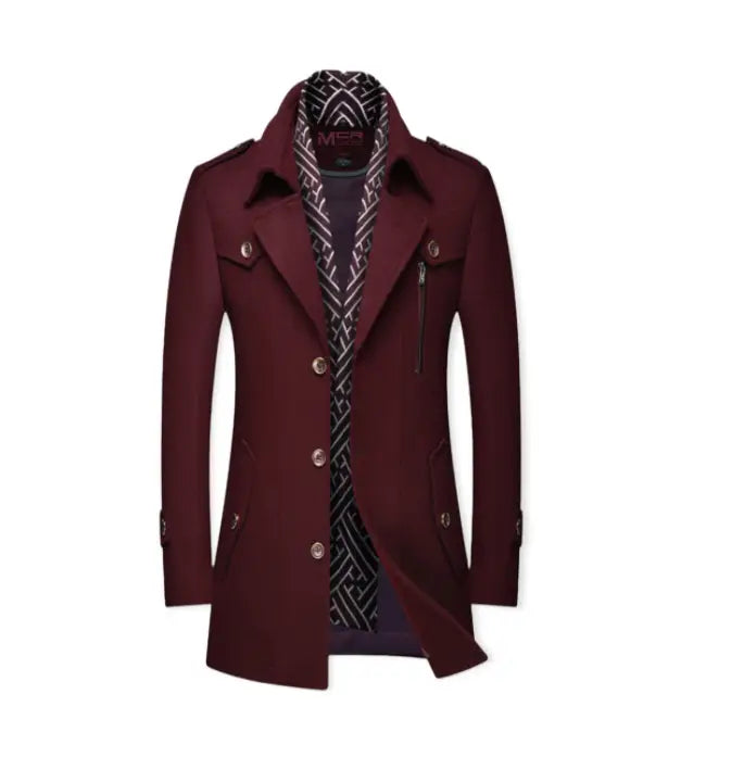 Men thickened maroon woolen trench coat with silver-toned buttons and a geometric-patterned scarf peeking from the collar designed for cold weather outerwear.