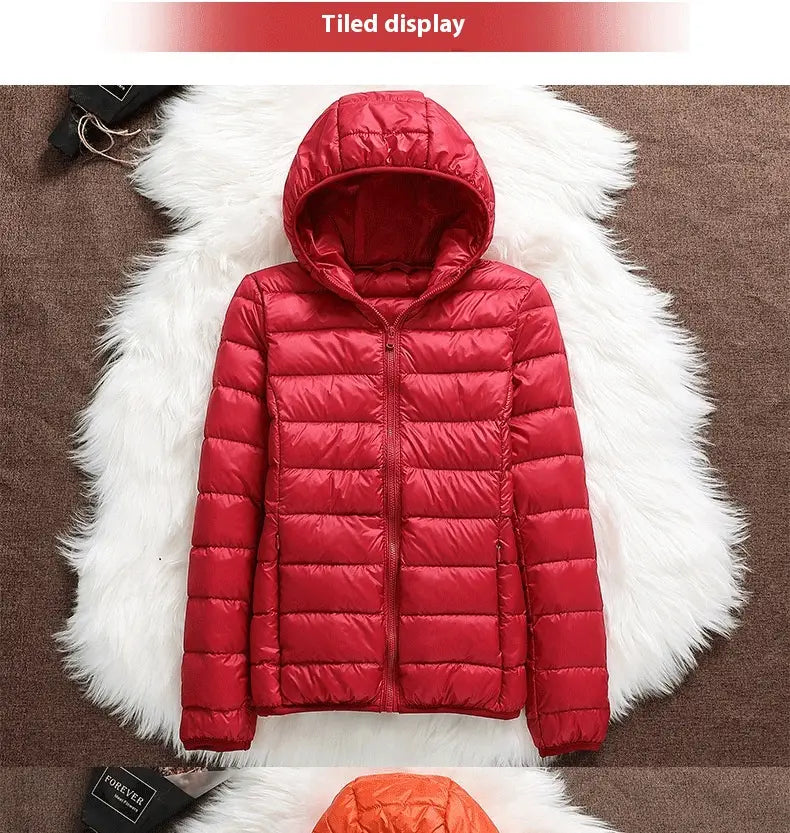 women lightweight down hooded puffer jacket in red with quilted design, full-length zipper, and subtle stitching details