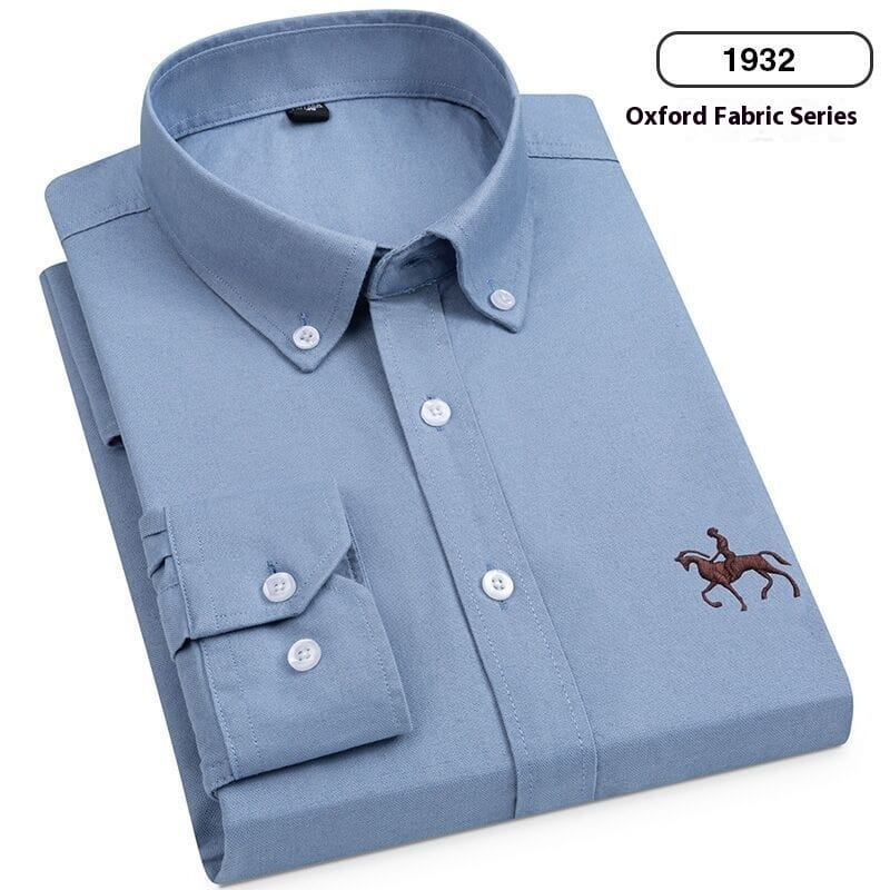 Men’s light blue striped cotton oxford button down shirt with subtle embroidered horse and rider on the left chest.
