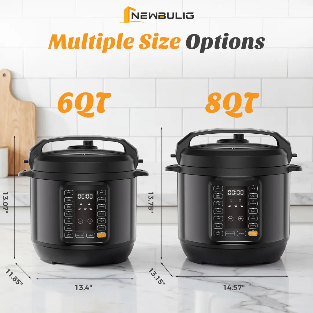 Black newbulig 6qt and 8qt electric pressure cookers with digital control panels featured in the electric pressure cooker digital multi cooker 6qt 8qt product.