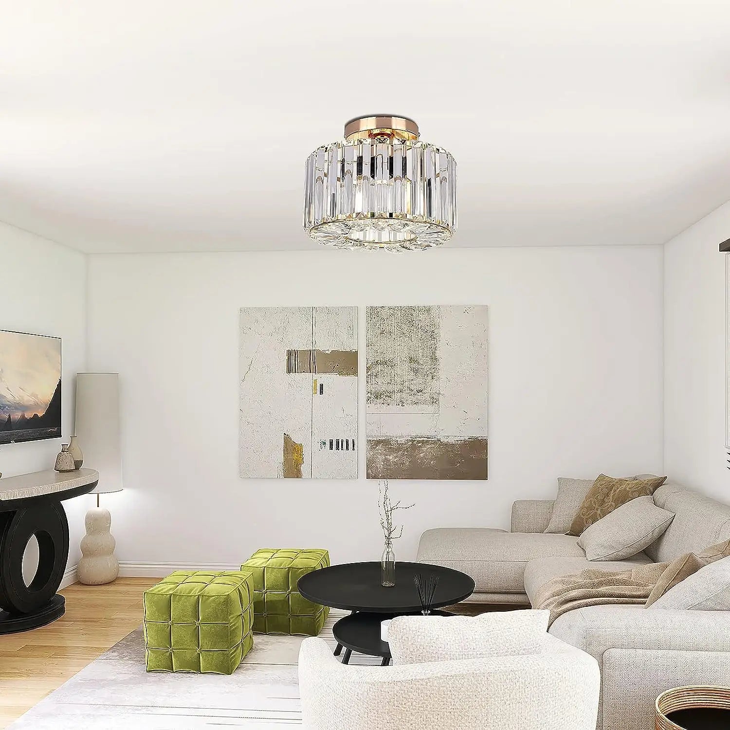 A modern crystal flush mount ceiling light with a rose gold finish and clear faceted glass rods arranged in a circular pattern.
