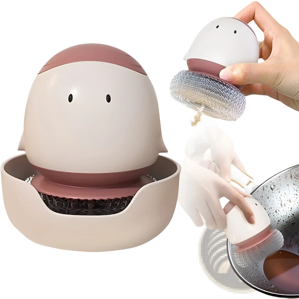 Cute pink and white silicone egg dish brush with detachable metal mesh head and automatic liquid soap dispenser for cleaning pots and pans