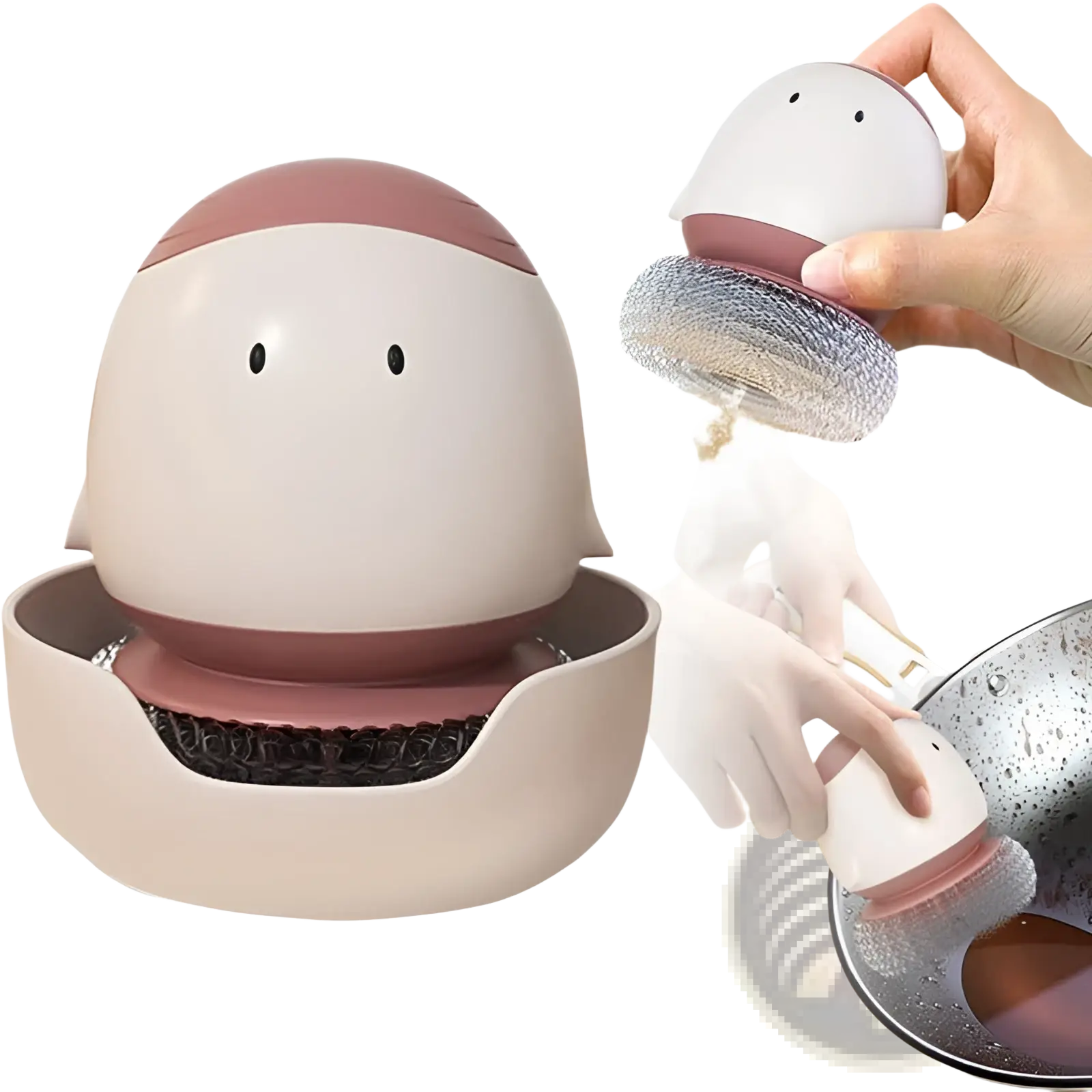 Cute pink and white silicone egg dish brush with detachable metal mesh head and automatic liquid soap dispenser for cleaning pots and pans