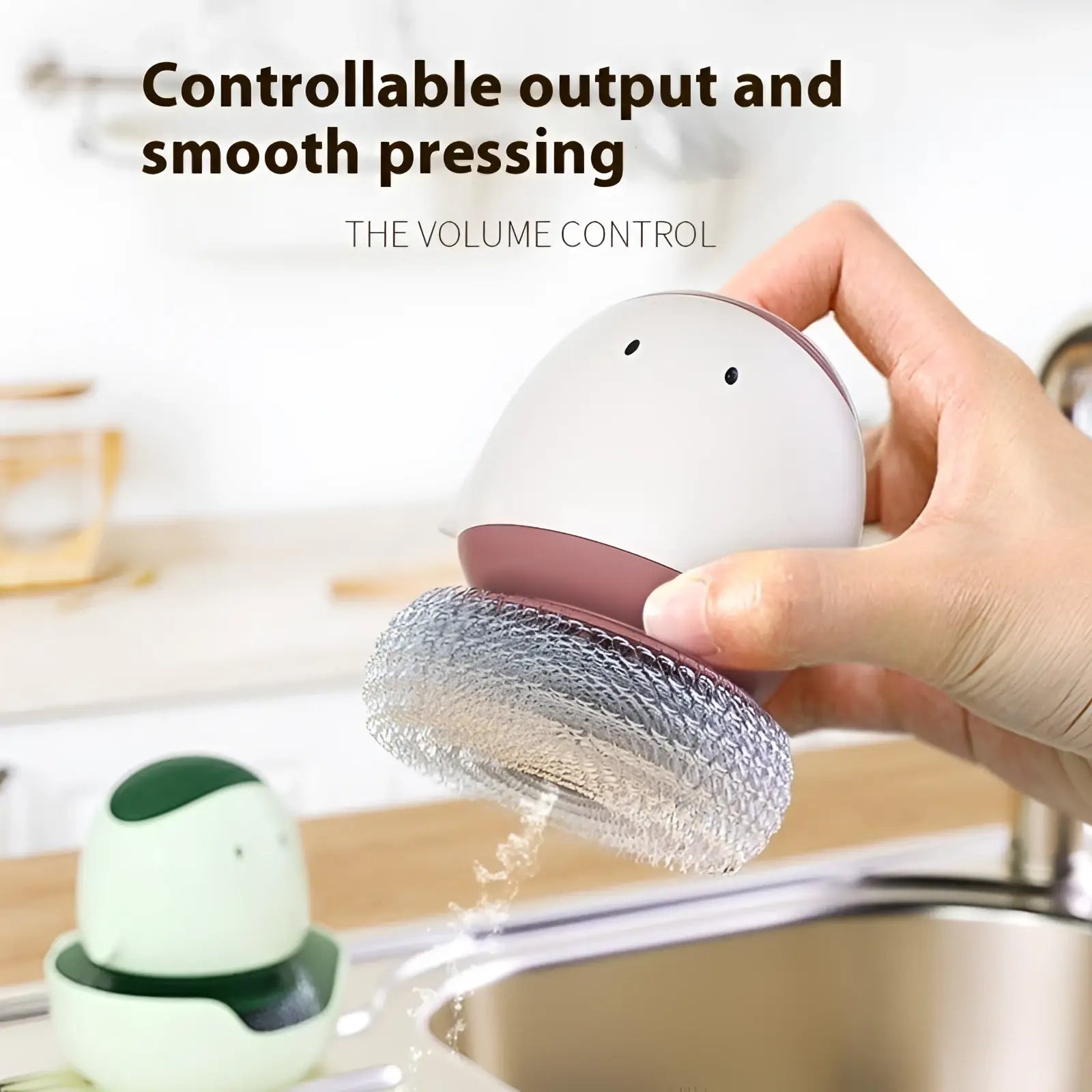 Egg dish brush automatic liquid soap dispenser scrubber in white and mauve silicone with textured metal mesh base