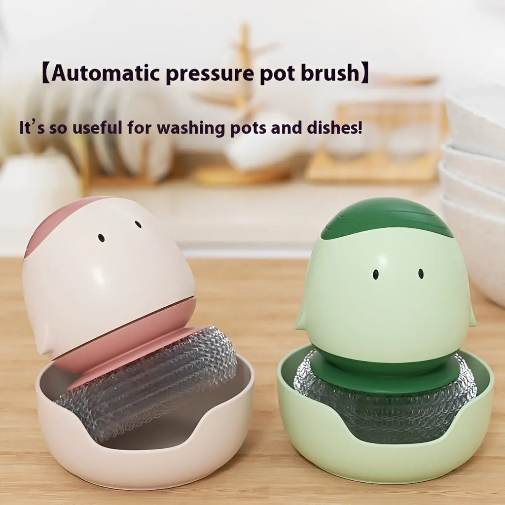 Cute automatic pressure pot brush in pink and green with soft plastic body and stainless steel bristle head for egg dishes