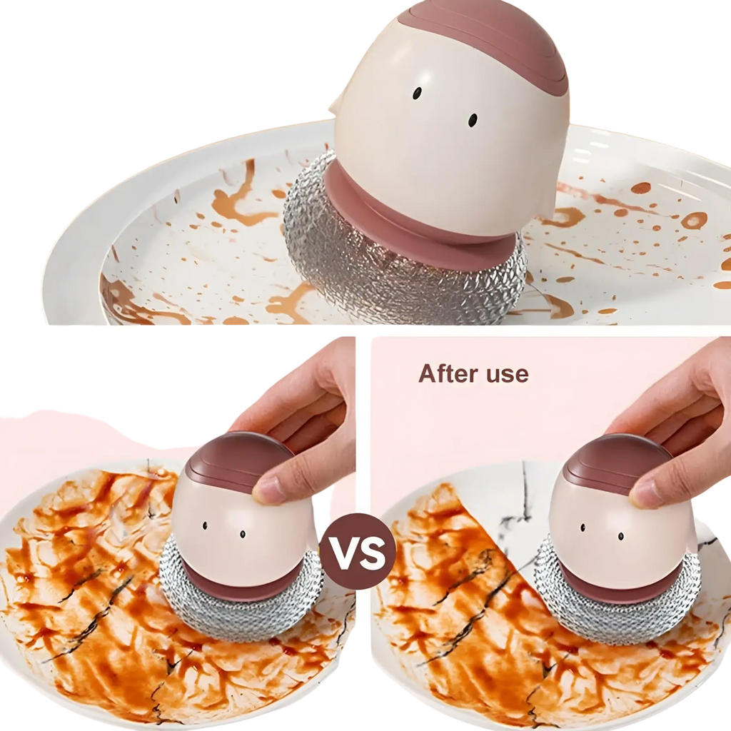 Cute pink and white egg dish brush with automatic liquid soap dispenser and metallic mesh base for scrubbing