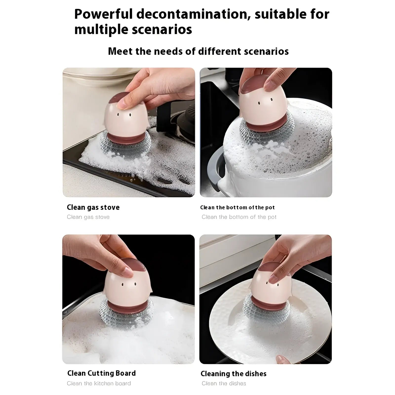 Cute pink and brown egg dish brush scrubber with mesh head and automatic liquid soap dispenser for kitchen cleaning