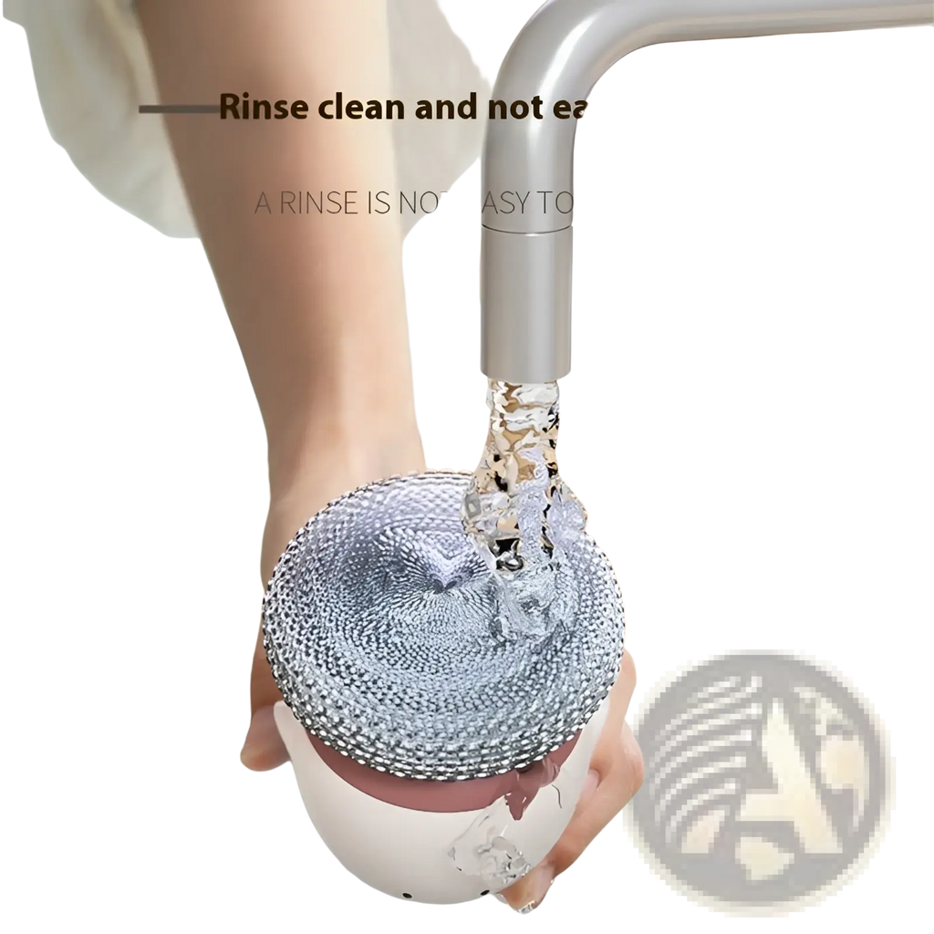 Silver mesh-patterned stainless steel egg dish brush with automatic liquid soap dispenser and textured rounded surface