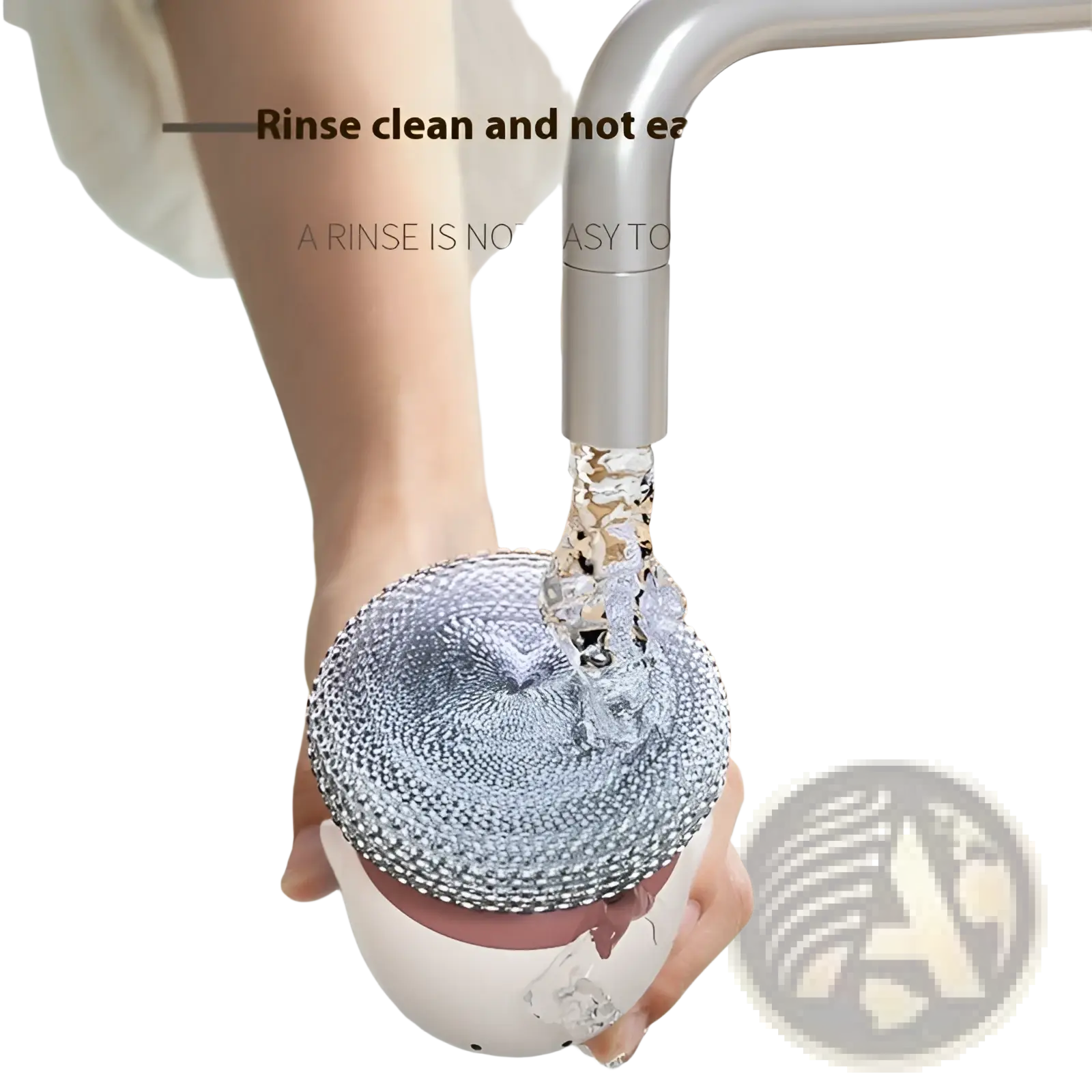 Silver mesh-patterned stainless steel egg dish brush with automatic liquid soap dispenser and textured rounded surface