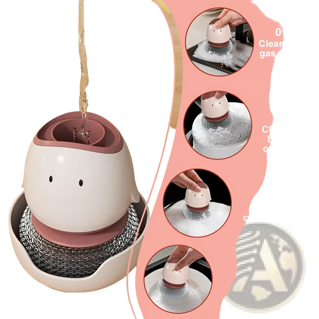 Cute white and pink silicone-coated egg dish brush with metal wire bristle head for automatic liquid soap dispensing