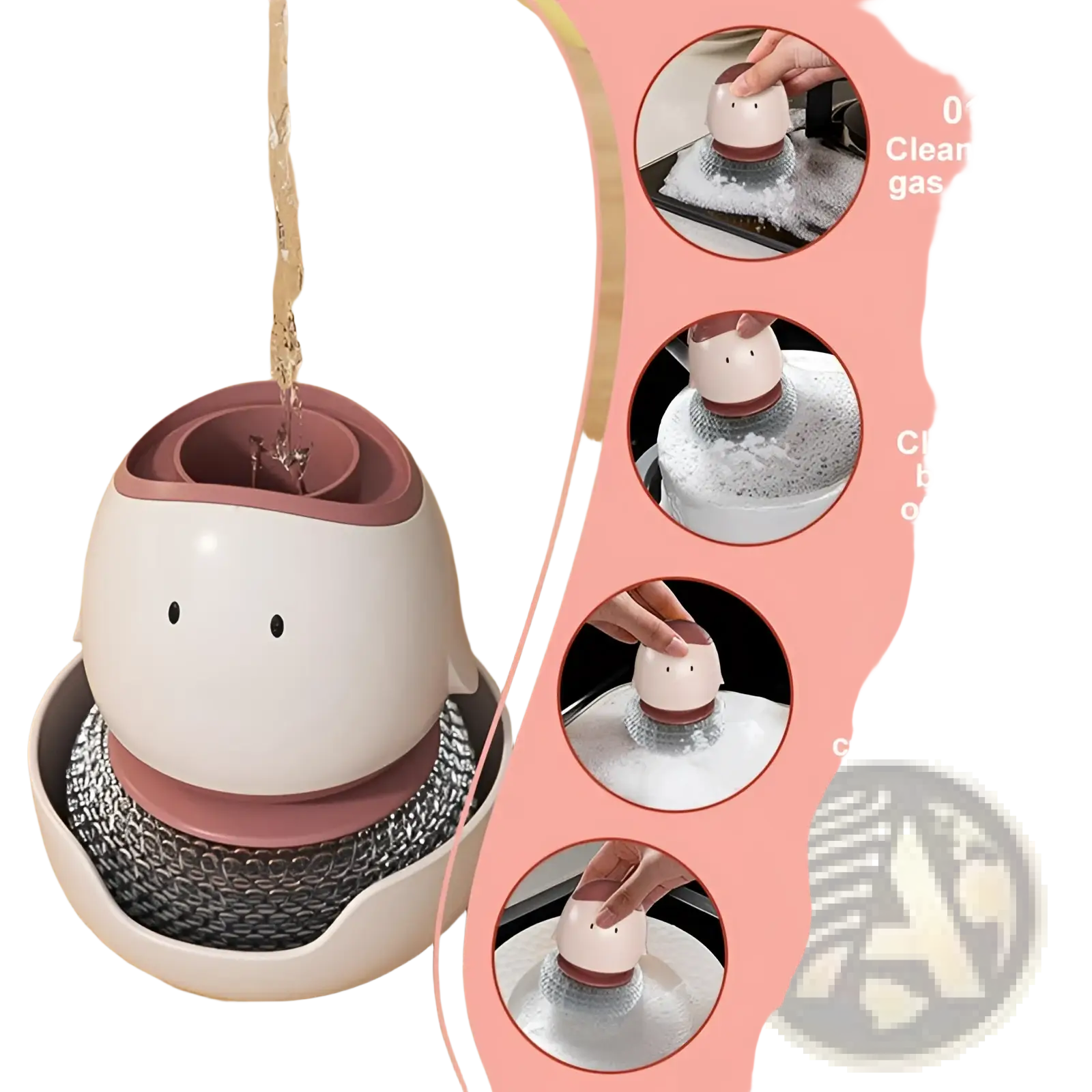 Cute white and pink silicone-coated egg dish brush with metal wire bristle head for automatic liquid soap dispensing