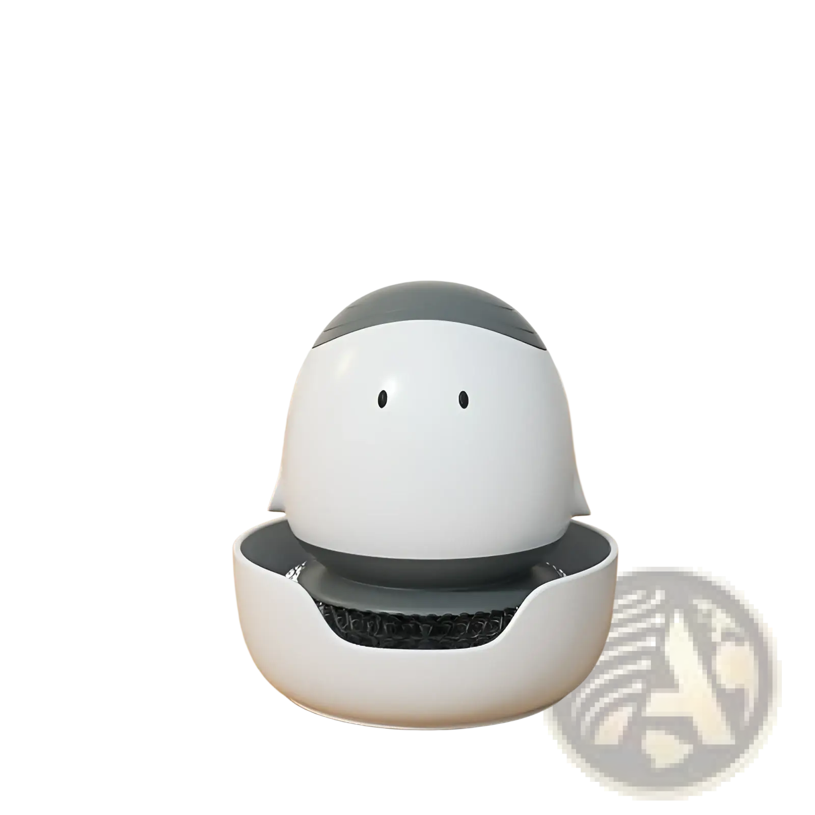 Light grey rounded robot-shaped desk heater with smooth plastic finish and black mesh grille for egg dish brush dispenser