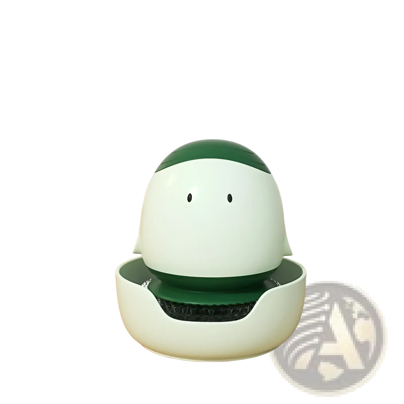 Green plastic dishwashing sponge holder with a cute rounded character design for egg dish brush soap dispenser scrubber