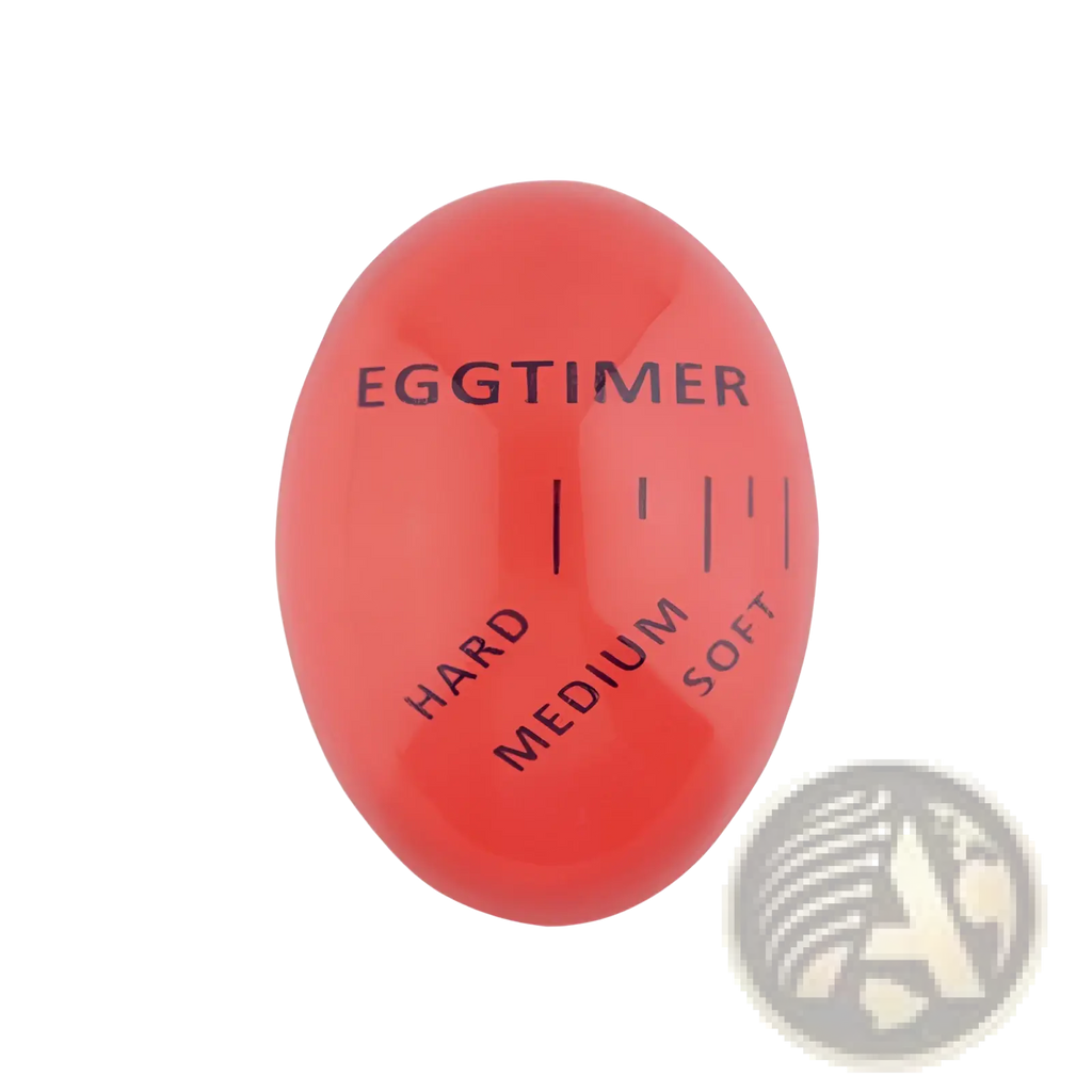 A vibrant red egg timer with black markings indicating soft, medium, and hard for boiling eggs color changing tool