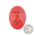 A vibrant red egg timer with black markings indicating soft, medium, and hard for boiling eggs color changing tool