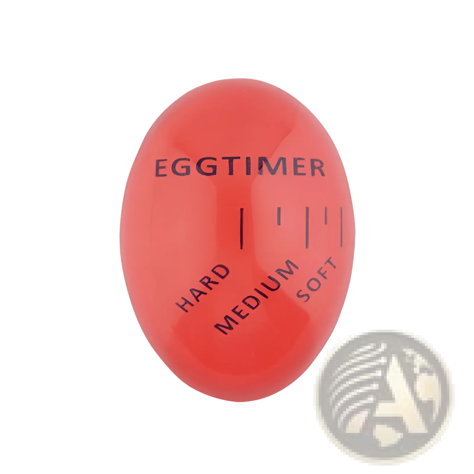 A vibrant red egg timer with black markings indicating soft, medium, and hard for boiling eggs color changing tool