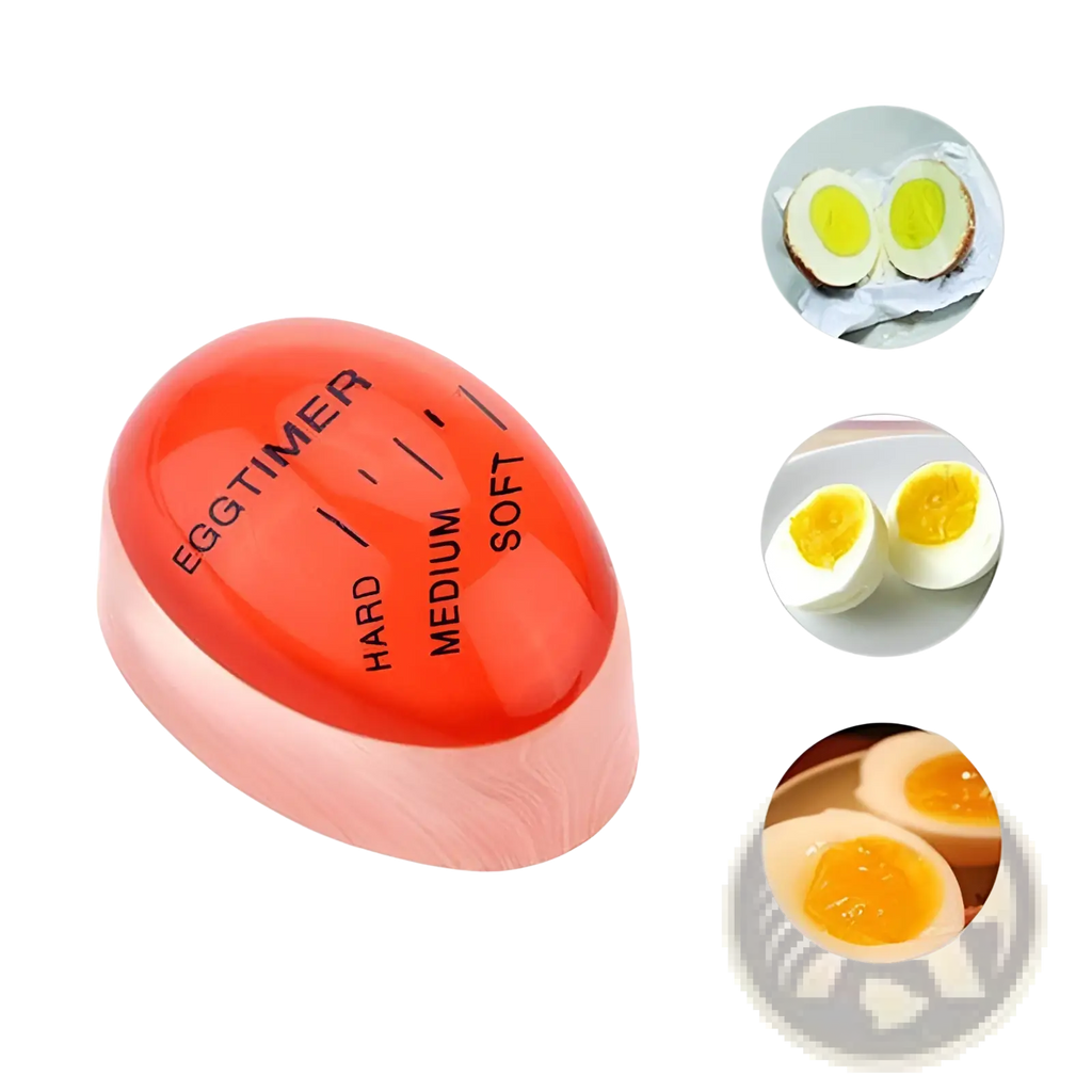 Red translucent egg timer with hard medium soft markings for color changing soft medium hard boiled egg timing tool