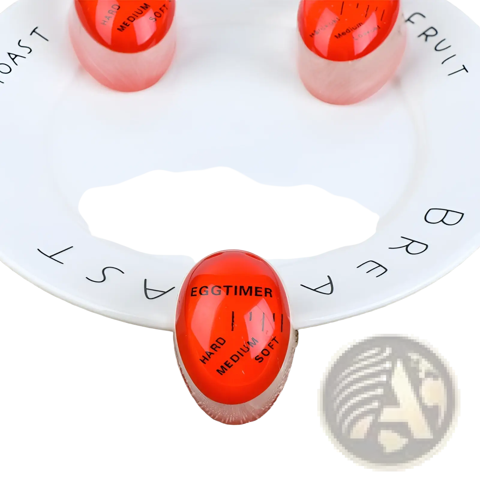 Vibrant red egg timer color changing tool with clear markings for soft medium and hard boiled eggs