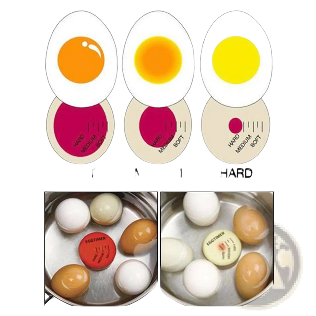 Egg timer color changing soft medium hard boiled tool in red and beige with timing markings for boiled eggs