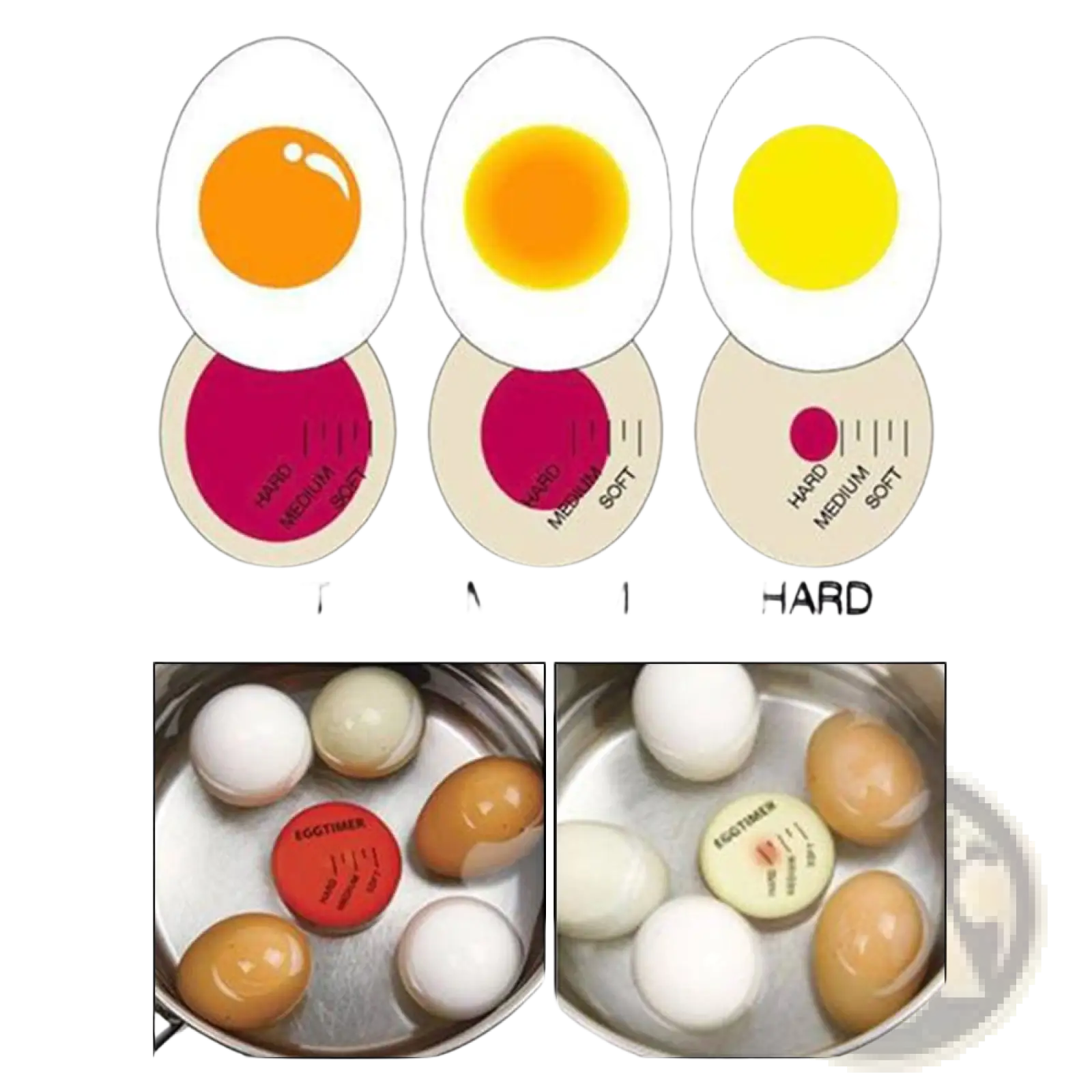 Egg timer color changing soft medium hard boiled tool in red and beige with timing markings for boiled eggs