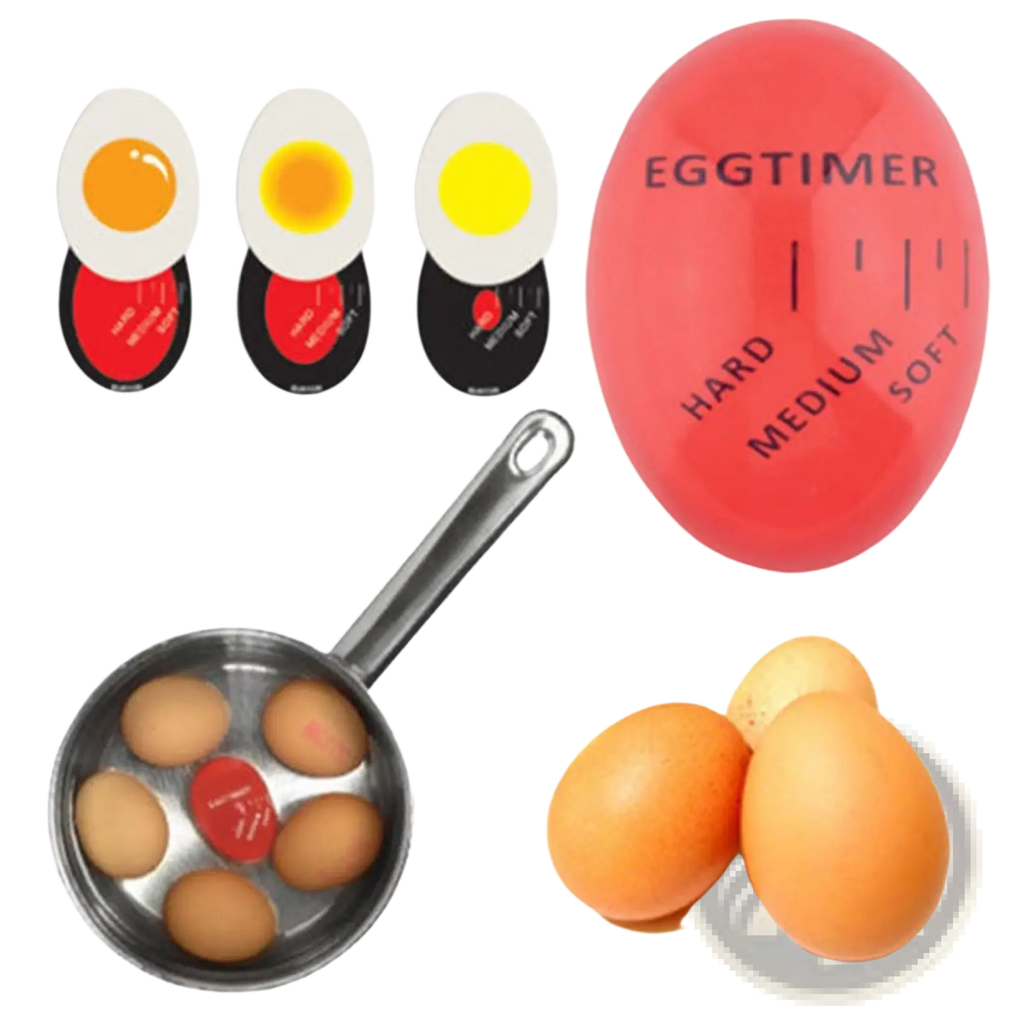 Red egg-shaped color changing timer with black text showing hard medium and soft settings for boiled eggs