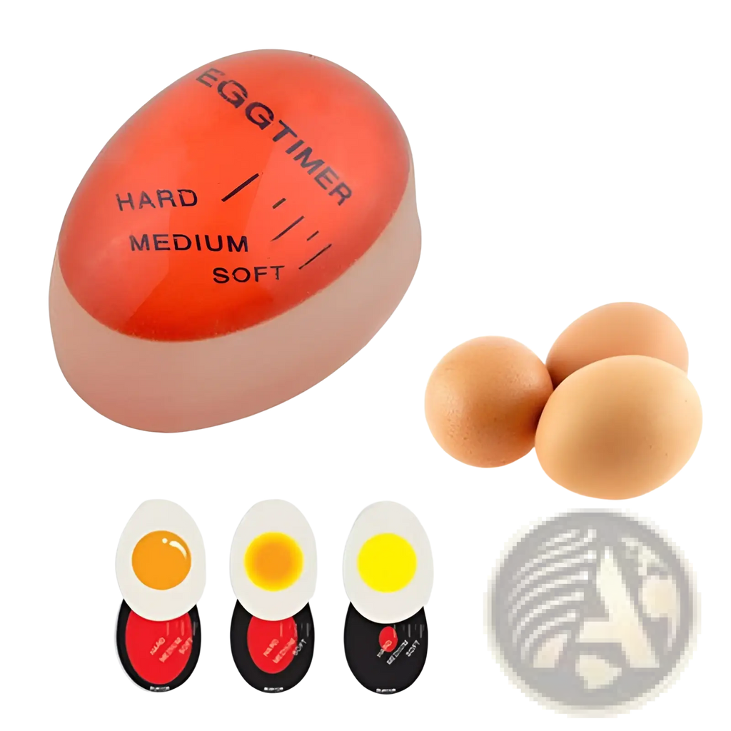 Orange egg timer color changing tool with black markings for soft medium and hard boiled settings