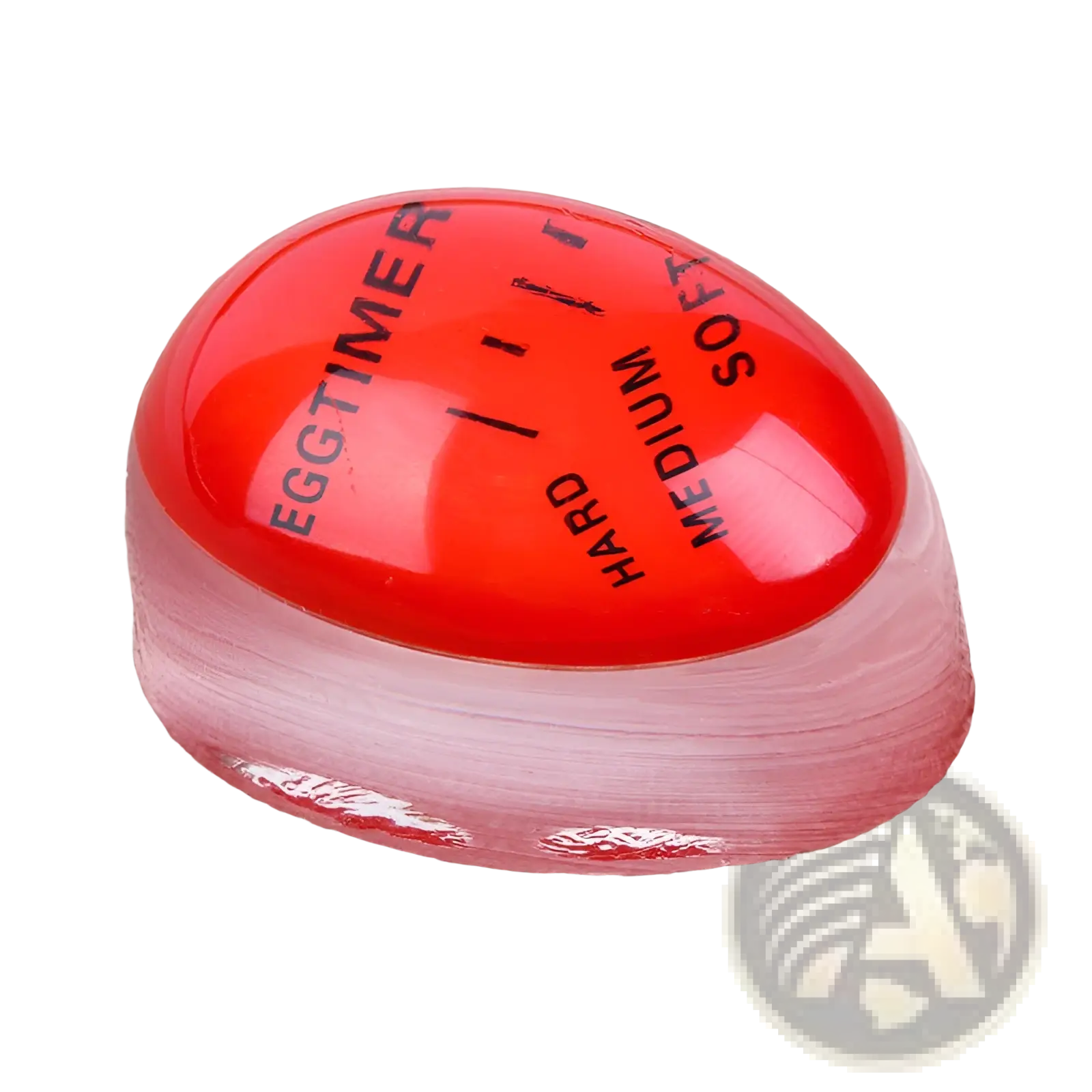 Red translucent egg timer with black markings for soft medium and hard boiled settings color changing tool