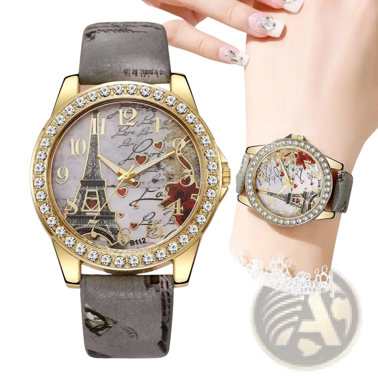 Gold-tone eiffel tower floral quartz women watch with crystal bezel, red heart dial, and textured gray leather strap