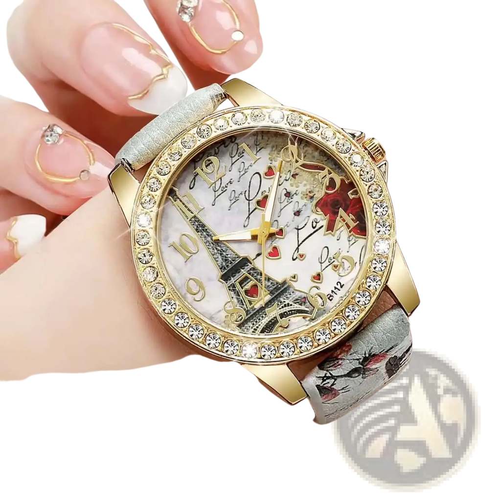 Gold-toned eiffel tower floral quartz women watch with crystal bezel and light gray floral-patterned strap
