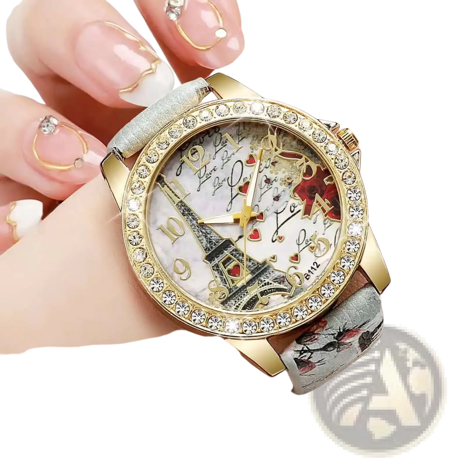 Gold-toned eiffel tower floral quartz women watch with crystal bezel and light gray floral-patterned strap