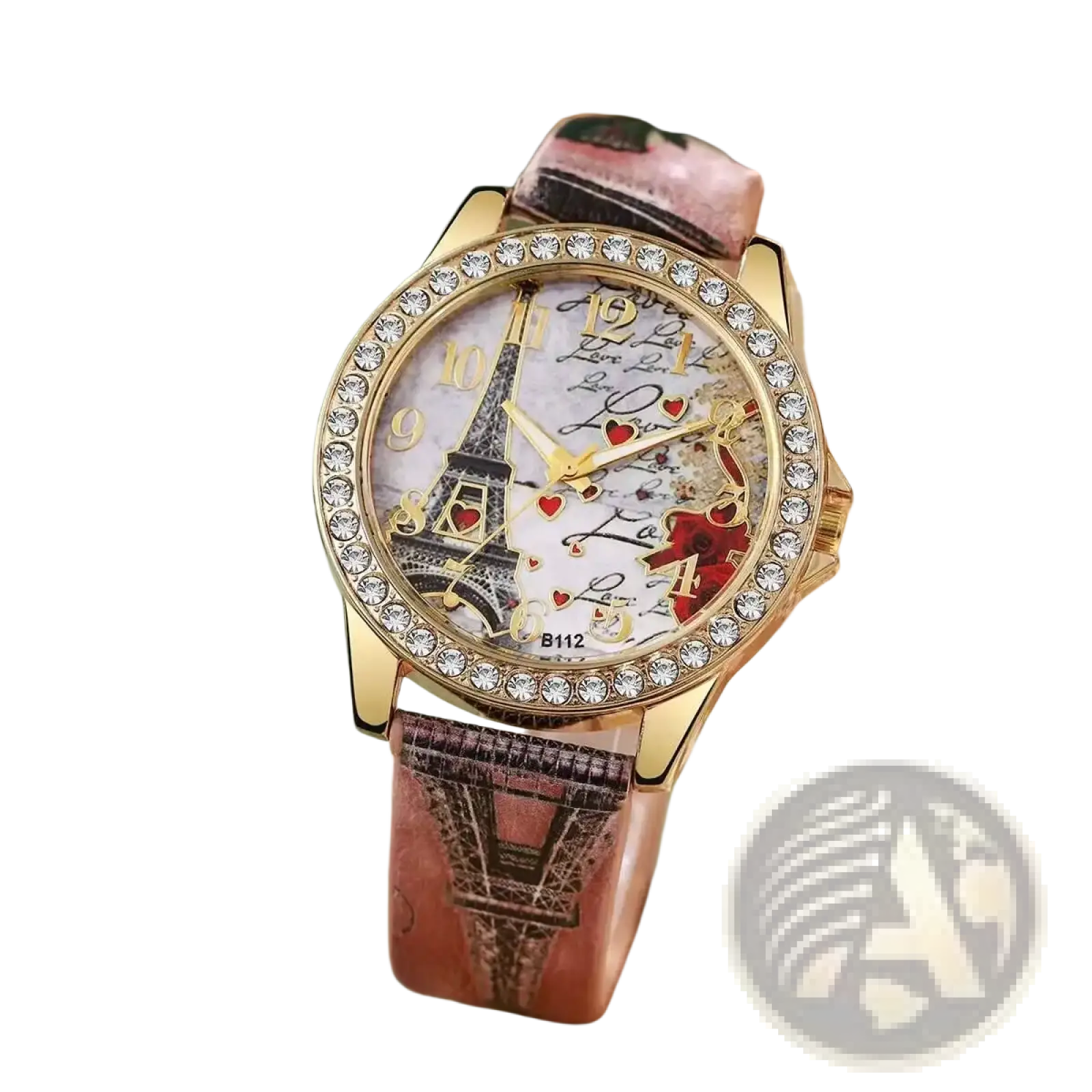 Eiffel Tower floral quartz women watch with gold-toned crystal bezel, white face, and pink leather strap featuring Eiffel Tower design
