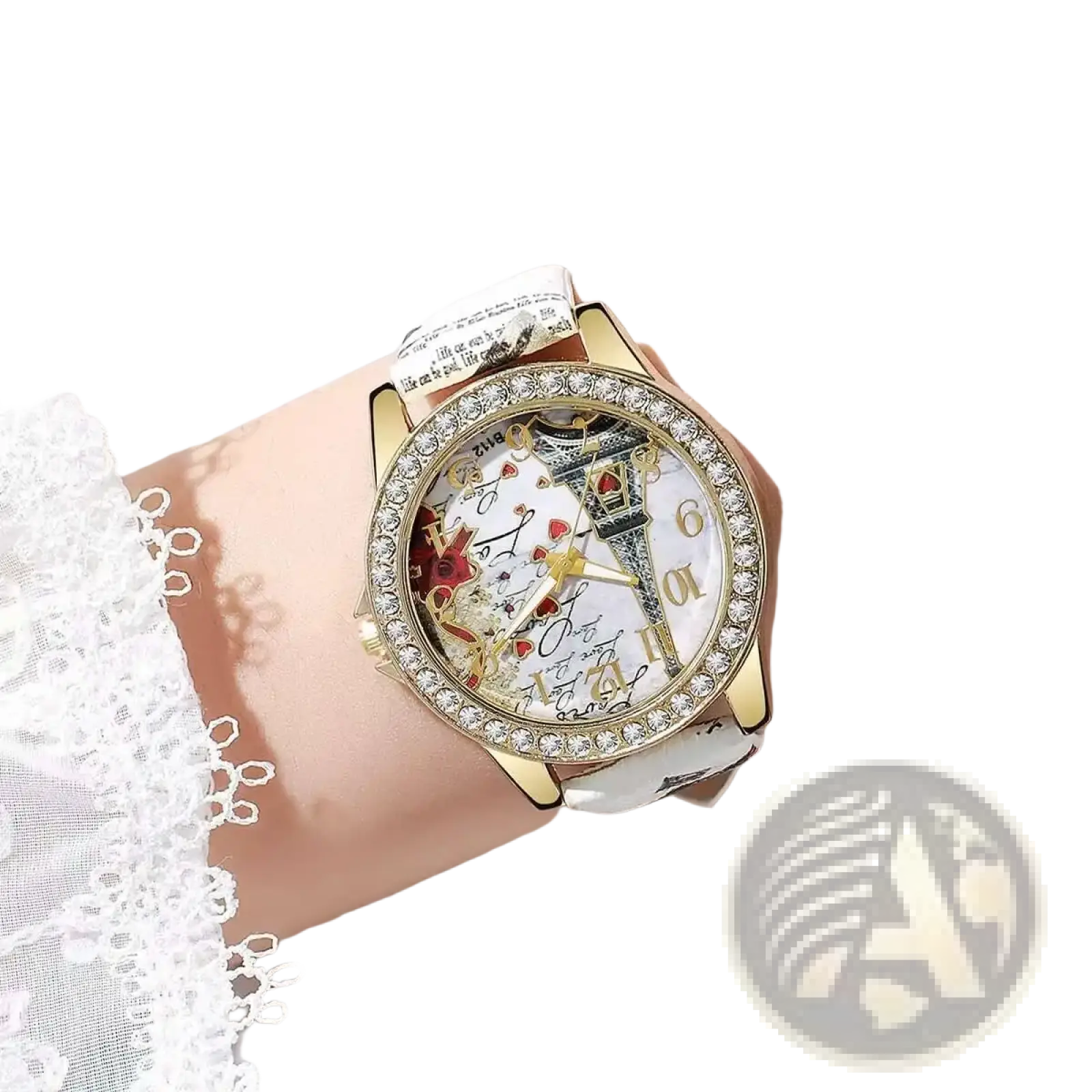 Gold-toned eiffel tower floral quartz women watch with diamond bezel and intricate parisian-themed dial design