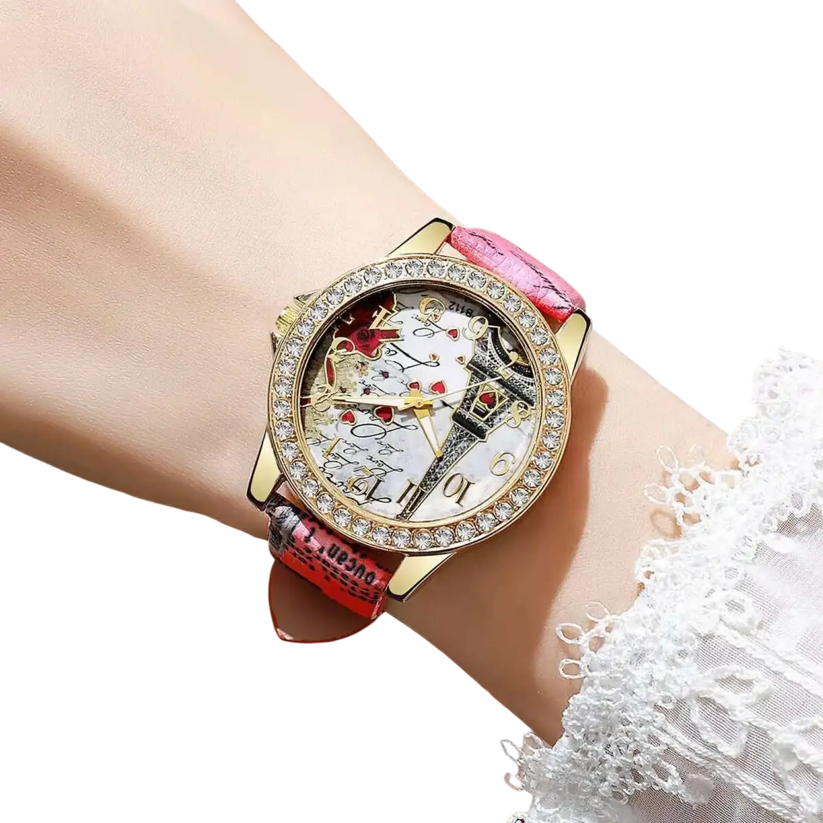 Eiffel Tower floral quartz women watch with pink and red leather strap, gold-tone rhinestone case, and white dial design
